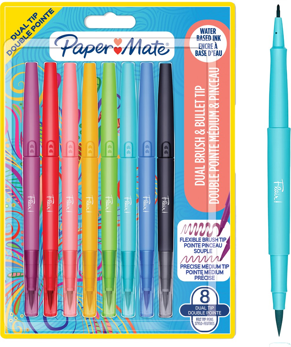 Paper Mate Flair DUAL Viltstift | Penseel en Medium Uiteinde (0,7mm) | Gekleurde Pennen met Twee Uiteinden | Diverse Kleuren | 8 Stuks