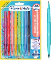 Paper Mate Flair DUAL Viltstift | Penseel en Medium Uiteinde (0,7mm) | Gekleurde Pennen met Twee Uiteinden | Diverse Kleuren | 8 Stuks