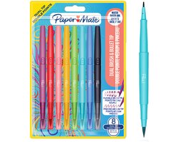 Paper Mate Flair DUAL Viltstift | Penseel en Medium Uiteinde (0,7mm) | Gekleurde Pennen met Twee Uiteinden | Diverse Kleuren | 8 Stuks