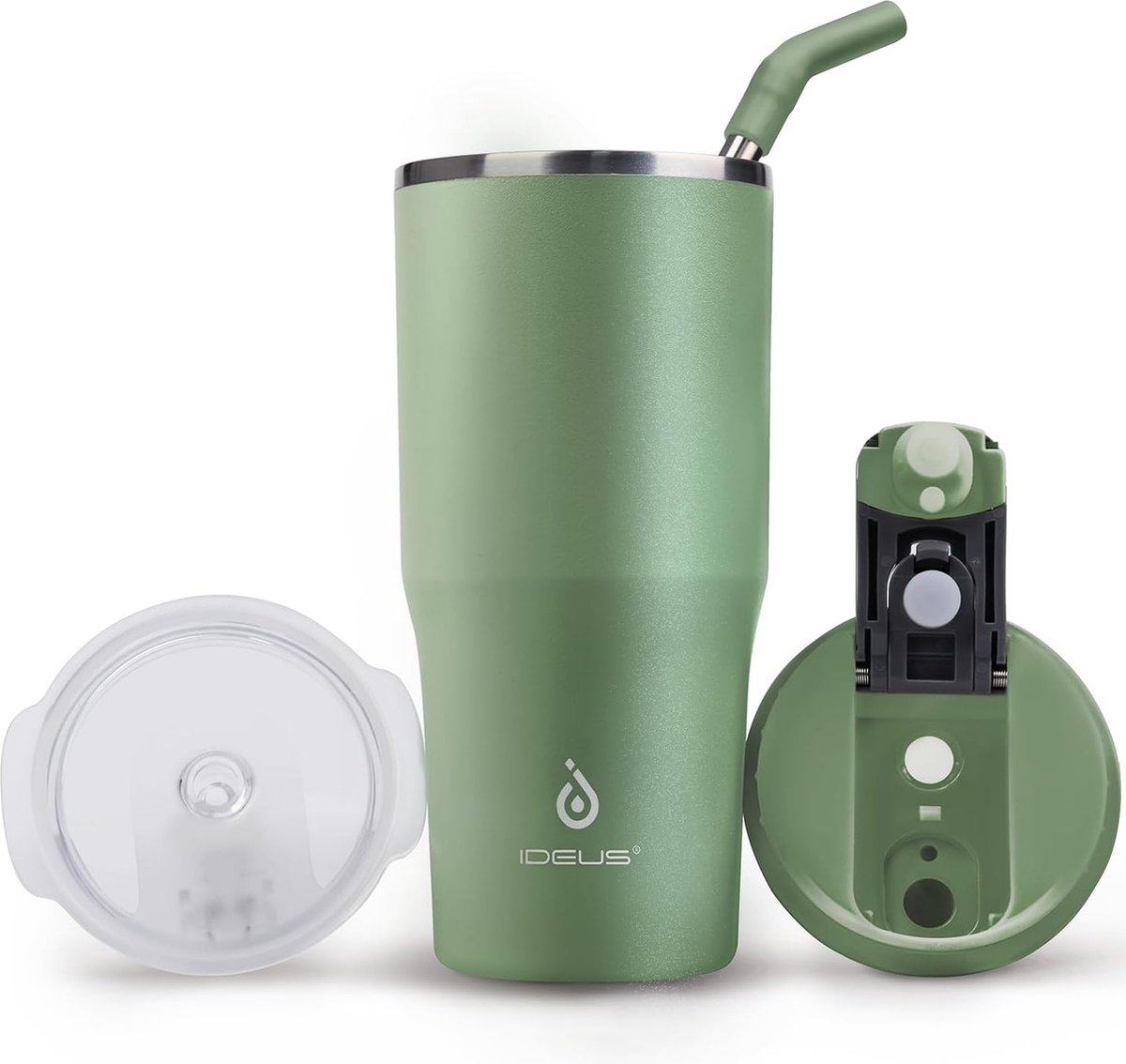Thermosbeker 540 ml, dubbelwandige koffiemok, roestvrij staal, koffiemok, reisbeker met lekvrije afdekking en stro, geschikt voor warme en koude dranken, groen