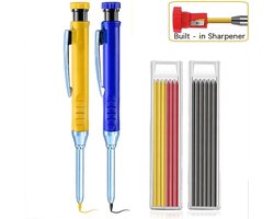 Hervulbaar Bouwpotlood Set - 2x Timmermanspotlood (Geel & Blauw) met 12 Navullingen - Markeerpotlood voor Aftekenen & Timmerwerk