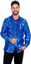 Jaren 80 & 90 Kostuum | Blauwe Ruchesblouse Satijn Foute Disco | Maat 58 | Carnaval kostuum | Verkleedkleding
