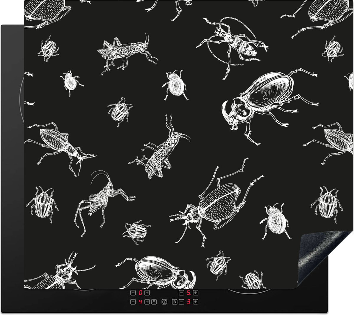KitchenYeah® Inductie beschermer 60x52 cm - Patronen - Insecten - Zwart Wit - Kookplaataccessoires - Afdekplaat voor kookplaat - Inductiebeschermer - Inductiemat - Inductieplaat mat