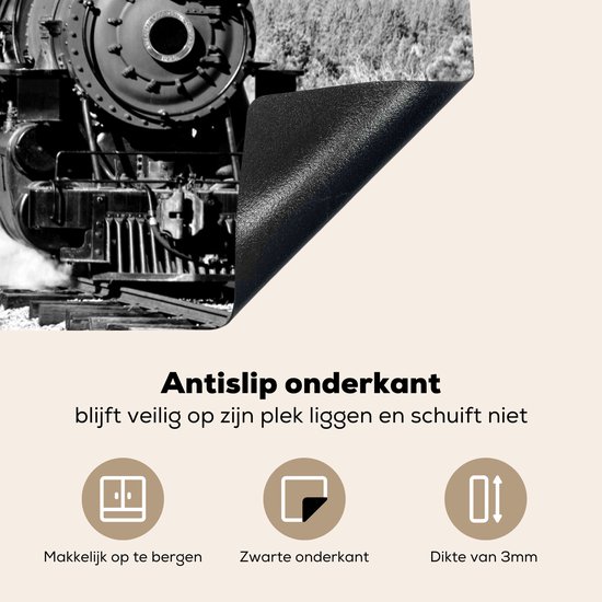 Close-up van de onderkant van een mat met de tekst 'Antislip onderkant', 'Makkelijk op te bergen', 'Zwarte onderkant' en 'Dikte van 3mm'.