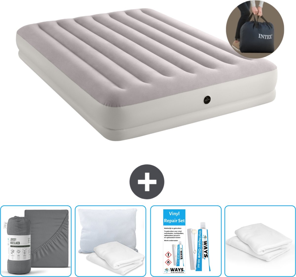 Intex Luchtbed - 2-Persoons - 152 x 203 x 30 cm - Grijs - Inclusief pomp - Hoeslaken - Kussen - Reparatieset en Kussenbeschermer