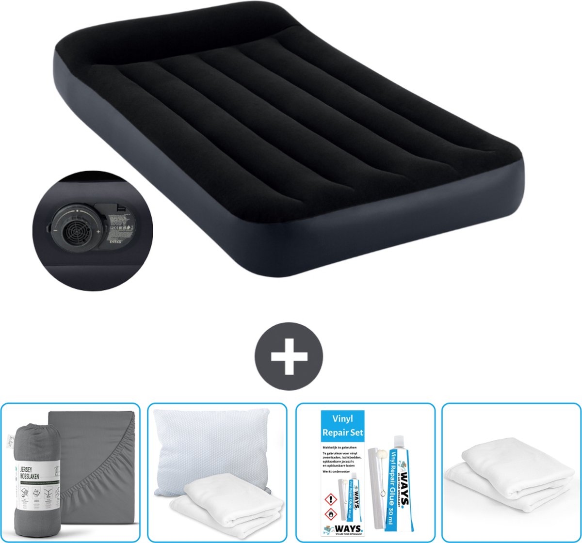 Intex Luchtbed - 1-Persoons - 99 x 191 x 25 cm - Blauw - Inclusief pomp - Hoeslaken - Kussen - Reparatieset en Kussenbeschermer