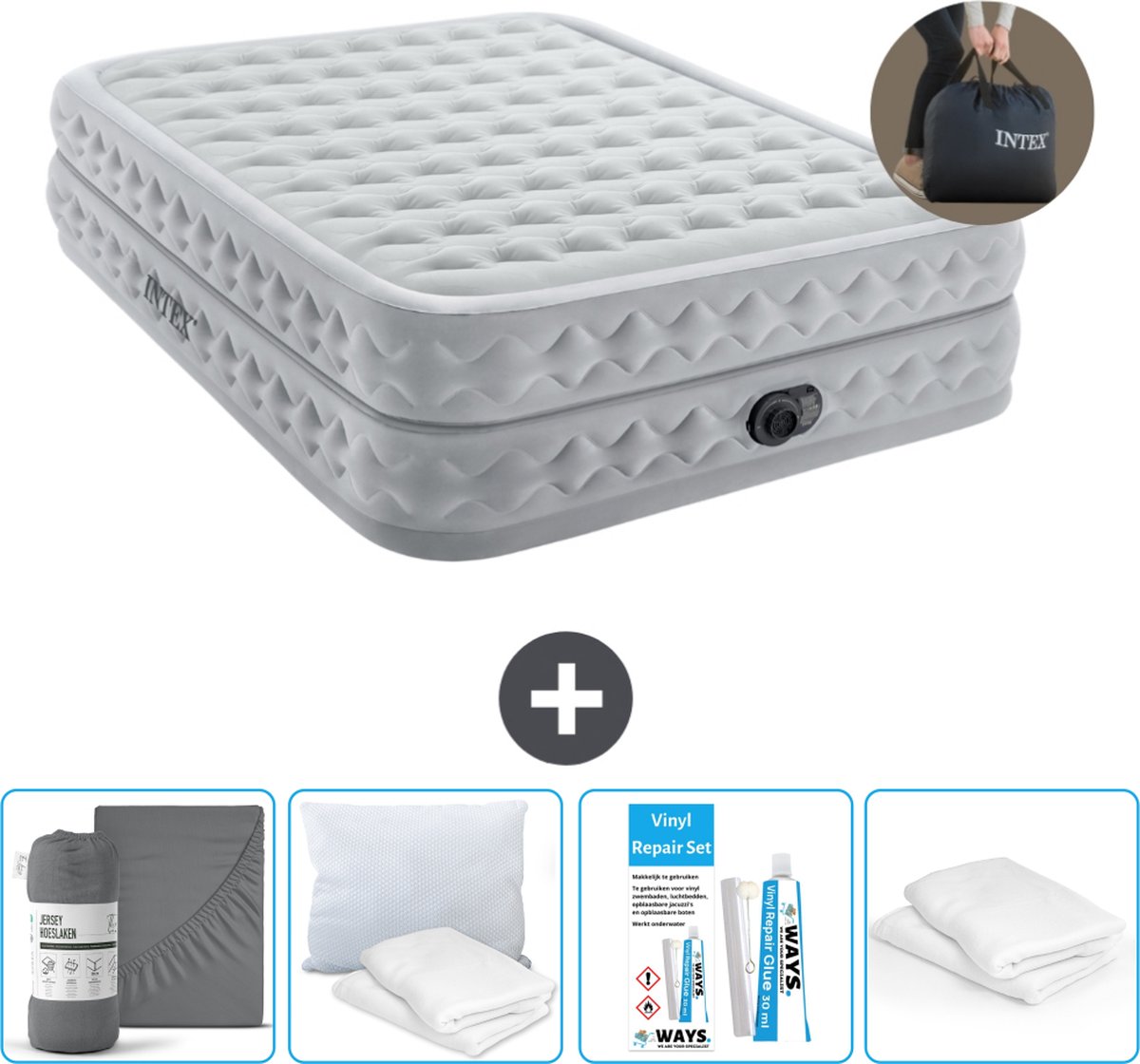 Intex Luchtbed - 2-Persoons - 152 x 203 x 51 cm - Grijs - Inclusief pomp - Hoeslaken - Kussen - Reparatieset en Kussenbeschermer
