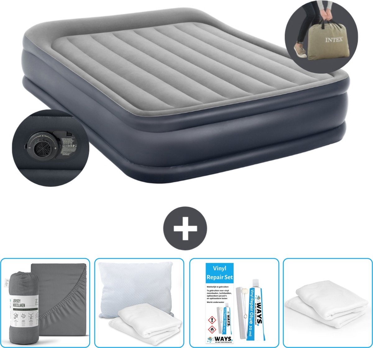 Intex Luchtbed - 2-Persoons - 152 x 203 x 42 cm - Grijs - Inclusief pomp - Hoeslaken - Kussen - Reparatieset en Kussenbeschermer