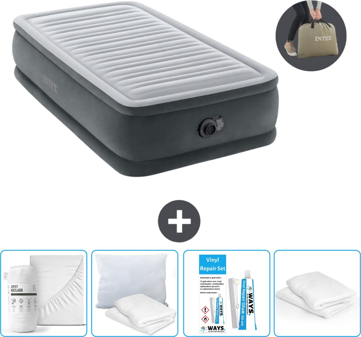Intex Luchtbed - 1-Persoons - 99 x 191 x 46 cm - Grijs - Inclusief pomp - Hoeslaken - Kussen - Reparatieset en Kussenbeschermer