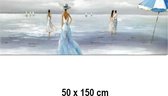 Allernieuwste.nl® Canvas Schilderij Vredig Strand-Zee Tafereel in Blauw/Grijs tinten - Kunst aan je Muur - Groot Schilderij - Kleur - 50 x 150 cm