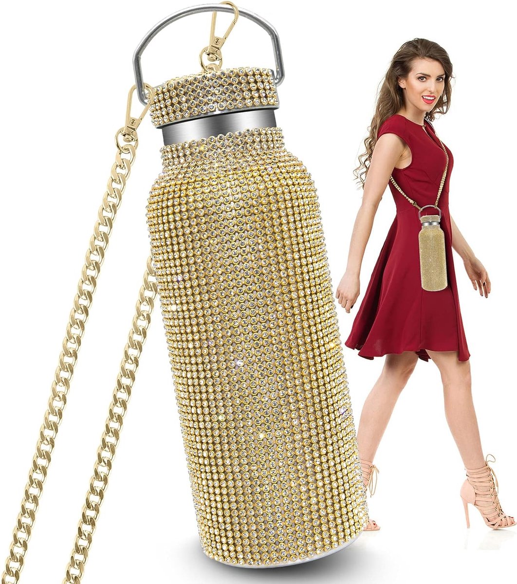 Diamant waterfles drinkfles diamant geïsoleerde fles hoogwaardige roestvrij stalen strass-steentjes lekvrij, elegante beker kindercadeaubeker meisjes favoriete mok met ketting (goud 750 ml)