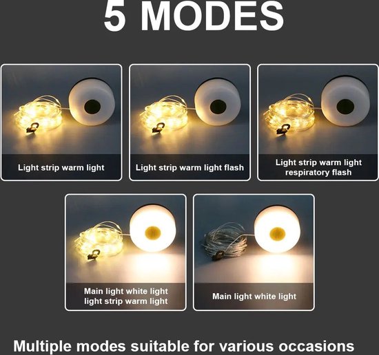 Camping licht snoer 8 meter 5 functies usb C oplaadbaar Warm White draadloos verlichting overkapping , draadloos kinderkamer ledstrip van Laiyang — afbeelding 4