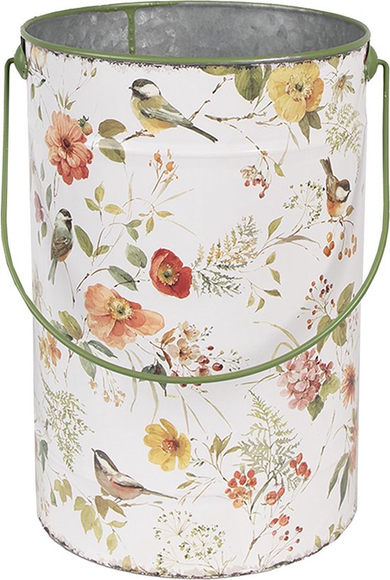 Witte metalen emmer met groen handvat en een print van rode, oranje en gele bloemen en vogels.