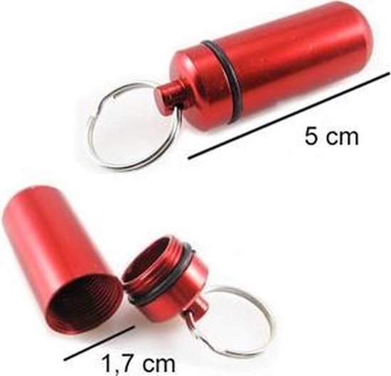 Pilulier rouge étanche pour porte-clés, 5 cm de long.