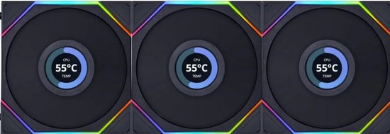 Lian Li UNI FAN TL LCD 120 ARGB Reverse Black - Ventilatorhuis - 3-pack - 120mm - 54.3 CFM - 350 - 1900 RPM - 31 dBA - 1.6" LCD Scherm 400x400 - incl. controller - FDB - 4-pin PMW - black