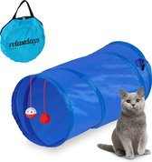Relaxdays kattentunnel - met speelgoed - speeltunnel katten - 48 cm lang - polyester - blauw