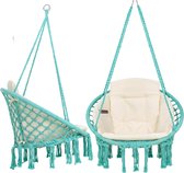 Macramé hangstoel voor binnen, comfortabele boho-hangstoel voor tuin en balkon, hangschommel met zacht kussen, hangstoel, outdoor, met weerbestendige afdekking, turquoise