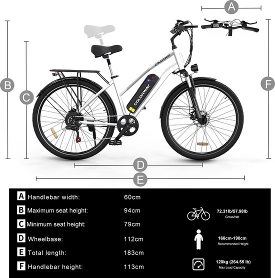Colorway Elektrische Fiets BK27 - Trendy 28 Inch City Commuter EBike met Afneembare 36V 15Ah Lithium Batterij - Mountain E-Bike met 250W Motor - 7 Versnellingen - IP54 Waterdicht van Colorway — afbeelding 3
