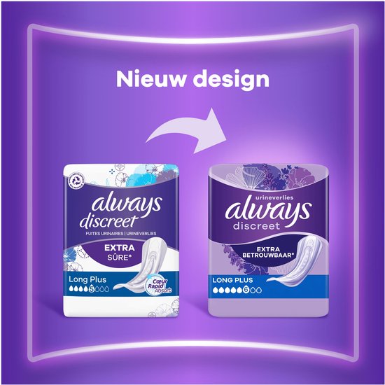 Verpakking met nieuw design: paars met lavendel en blauwe bloemen. Always Discreet Long Plus. Extra betrouwbaar.