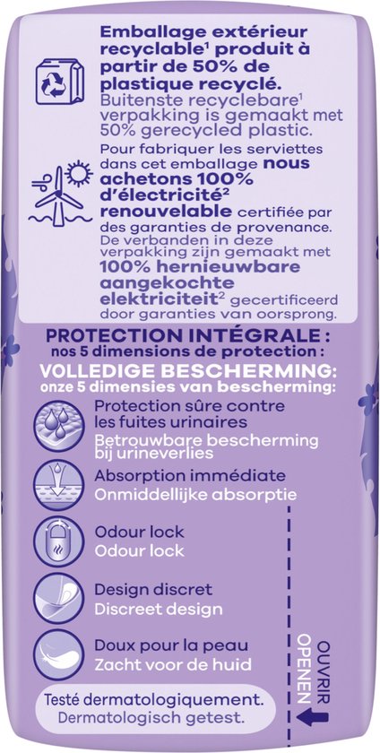 Verpakking Always Discreet met informatie over recycling en bescherming.