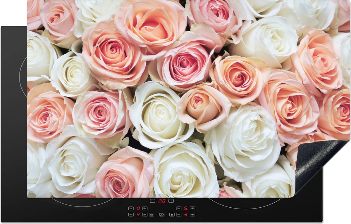 KitchenYeah® Inductie beschermer 83x51.5 cm - Rozen - Bloemen - Wit - Roze - Kookplaataccessoires - Afdekplaat voor kookplaat - Inductiebeschermer - Inductiemat - Inductieplaat mat