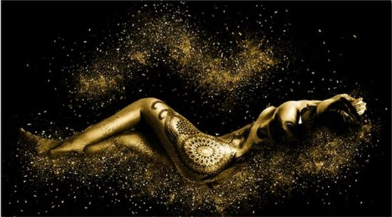 Allernieuwste.nl® Canvas Schilderij Abstract Gouden Sexy Vrouw - Kunst aan je muur - Woonkamer - 80 x 160 cm - Zwart/Goud