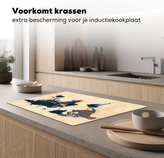 KitchenYeah® Inductie beschermer 77x51 cm - Wereldkaart - Vintage - Papyrus - Kinderen - Jongens - Meisjes - Kookplaataccessoires - Afdekplaat voor kookplaat - Inductiebeschermer - Inductiemat - Inductieplaat mat