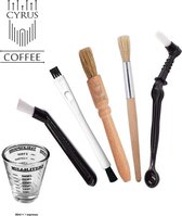 CyrusCoffee 5-delige borstelset nu INCLUSIEF espresso shotglas/maatglas - set van 5 borstels + maatglas voor koffiemachine en bonenmolen - barista tools - barista-accessoires