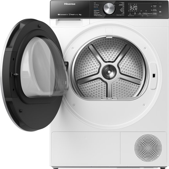 Witte Hisense wasdroger met open deur en trommel, met een deur die naar links opent.