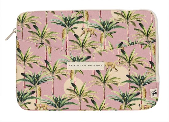 Housse d'ordinateur portable avec fond rose, palmiers, bananes et motif de singe.