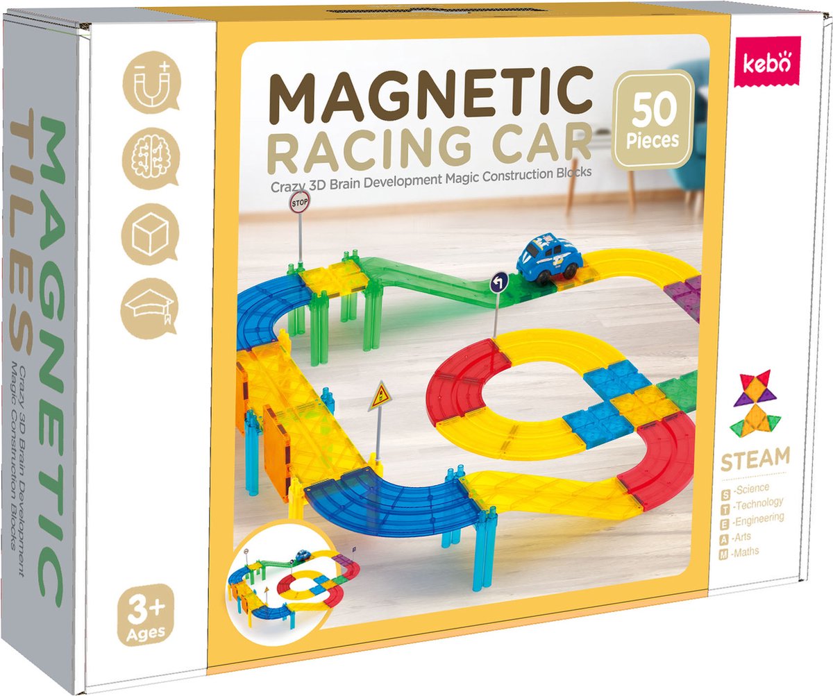 Kebo magnetisch speelgoed magnetic tiles magnetische tegels magnetische bouwstenen constructie speelgoed montessori speelgoed racebaan 50pcs KBGR-50