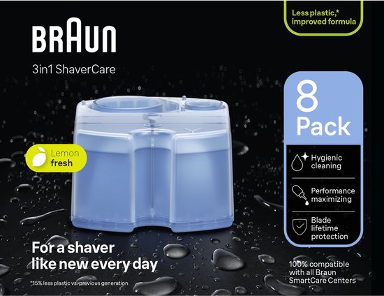 Pack de 8 cartouches Braun 3-in-1 ShaverCare avec liquide parfum citron.
