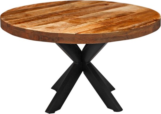 Zita Home - table basse ronde - avec pied croisé - diamètre 75 cm - bois de manguier marron