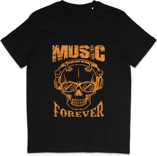 Heren Dames T Shirt - Skull Print - Quote Music Forever - Zwart - L