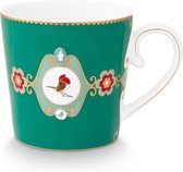 Pip Studio Love Birds Green - mug - 250ml - mug vert émeraude - porcelaine - rouge-gorge - médaillon