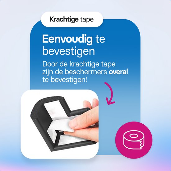 Zwarte hoekbeschermer, tape wordt verwijderd, met tekst over krachtige tape en bevestiging.