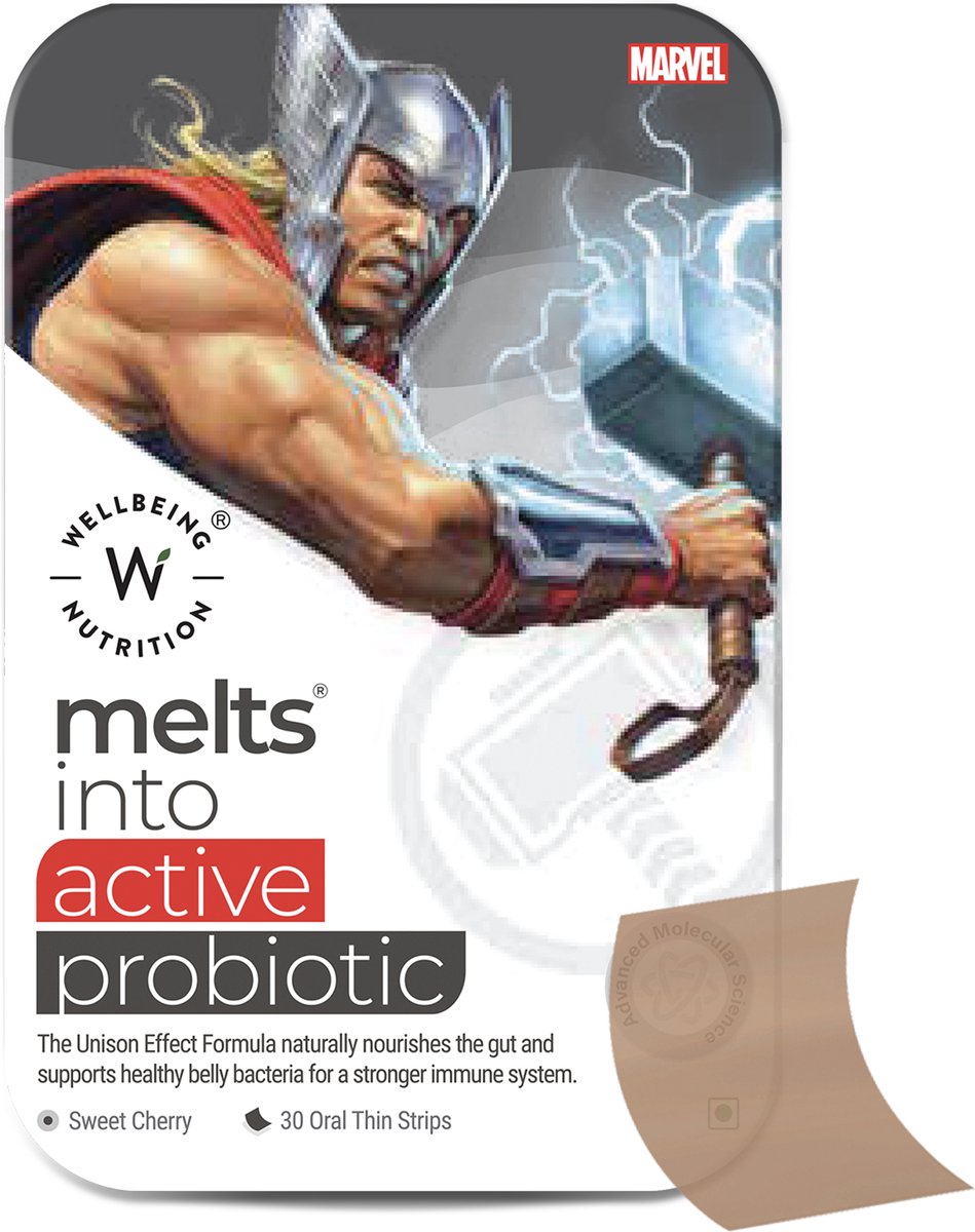 Goedkoopste Marvel Actieve Probiotica - Vitamine C & D3 - Smeltblaadjes (geen capsule & geen water) - Vitaminen en Mineralen Supplement - Snel oplossende orale vegan strips - 30 strips - Zoete Kersen smaak - Wellbeing2day MELTS for Kids