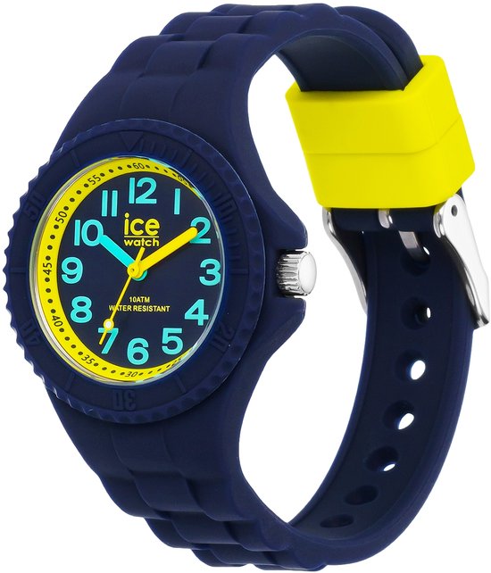Donkerblauw horloge met gele accenten en wijzerplaat, wijzers en cijfers in geel/cyaan.