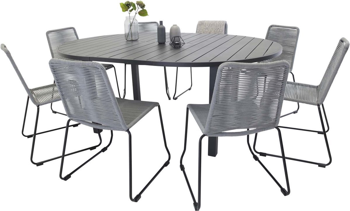Marbella tuinmeubelset tafel Ø140/190cm zwart, 8 stoelen Lindos grijs.