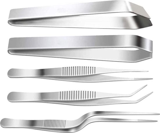 SelfTek Roestvrijstalen tang, pincet, 5-delige set, 3 stuks 6,3 inch pincet, 4,7 inch platte en schuine visgraatpincet tang voor chef-kok, precisie gekartelde tips, schoonheidsgereedschap