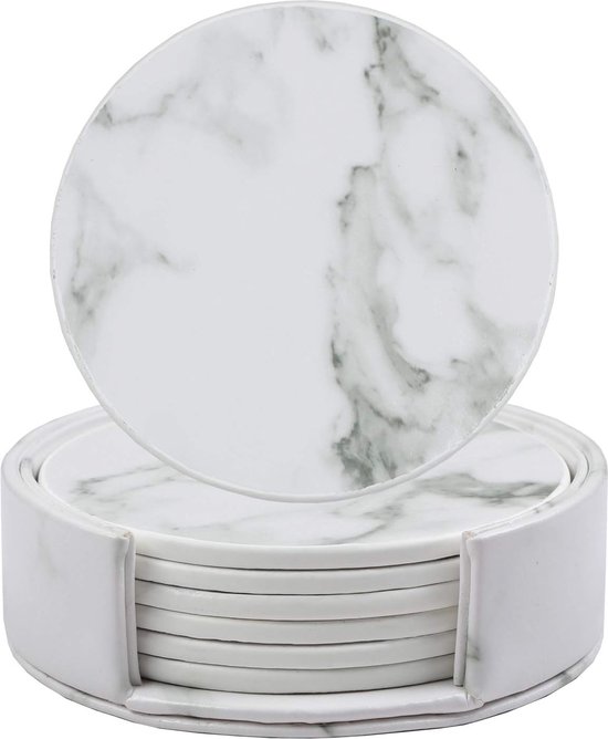 Lot de 6 dessous de verre ronds en cuir PU résistant à la chaleur avec support, protège la table des rayures, des déversements, des anneaux d'eau et des dommages (blanc)