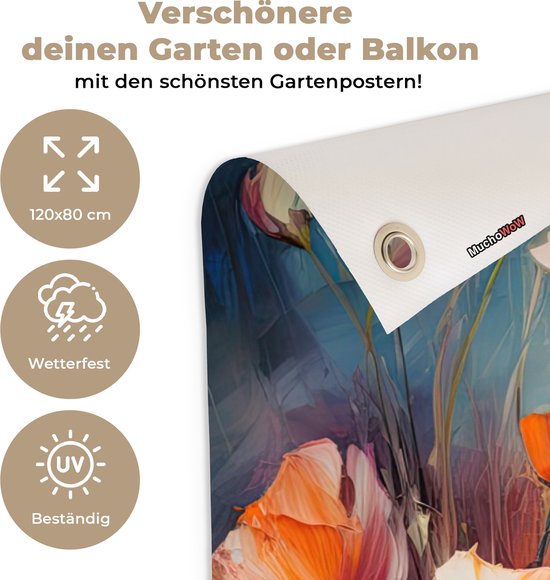 Abstracte bloemenposter in oranje, roze en rood met een blauwe achtergrond, 120x80 cm.
