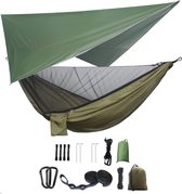 Campinghangmatset, enkele dubbele hangmat, klamboe, insectennet, regenvlieg, hangbed van parachutestof met hoge sterkte Geschikt voor buiten, wandelen, kamperen, reizen, groen