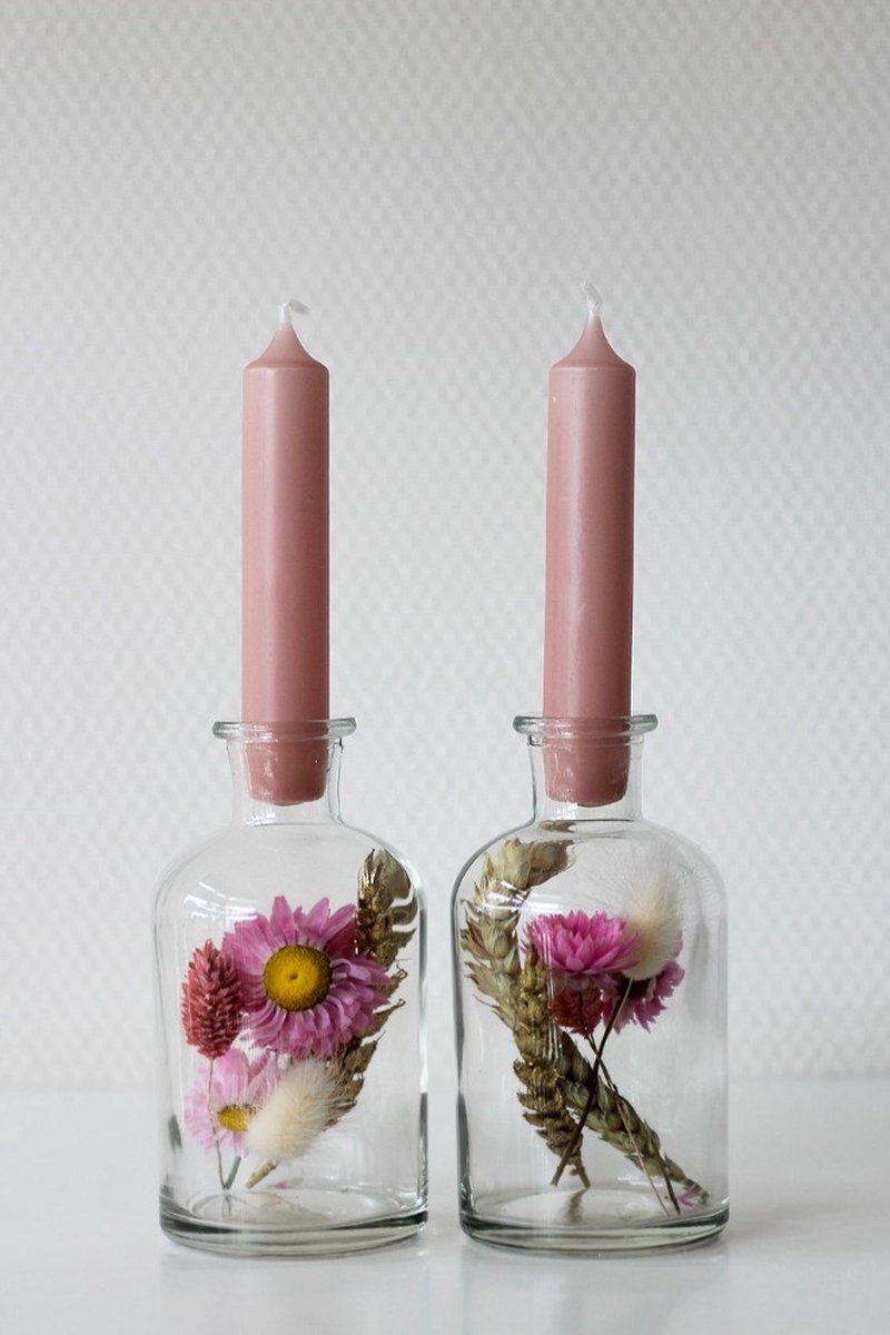 Vaasjes met droogbloemen en kaarsjes – 2 stuks - Roze – Kaarsen - Kleur kaarsen - Verjaardagscadeau vrouw - Cadeau - Droogbloemen - Decoratie kamer - Decoratie huis - La Florista