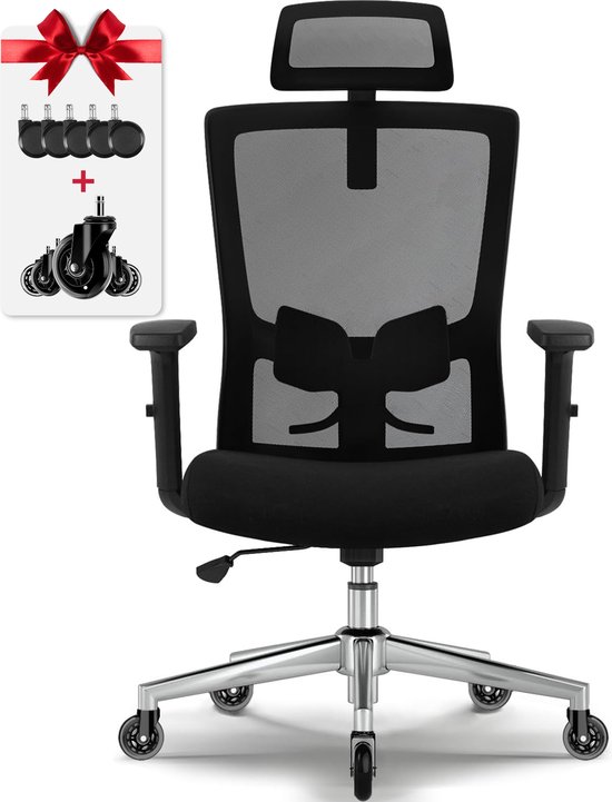 Ergonomische Bureaustoel - Bureaustoel - Bureaustoelen voor Volwassenen - met Verstelbare Hoofdsteun, Armleuningen en Lendensteun - 150 Kg - Zwart