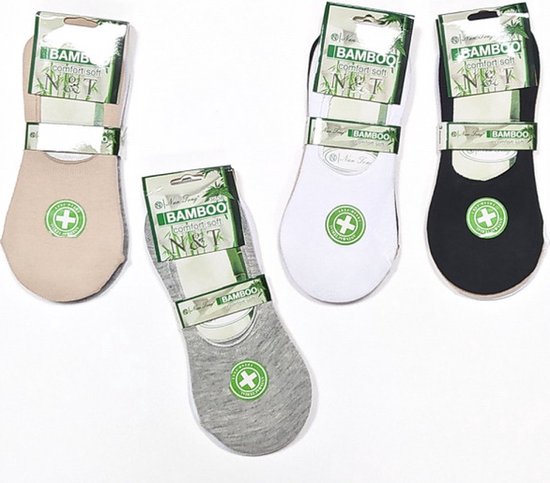 5 paar invisible sokken 100% bamboe maat 36-38 mix van grijs, wit, beige en zwart