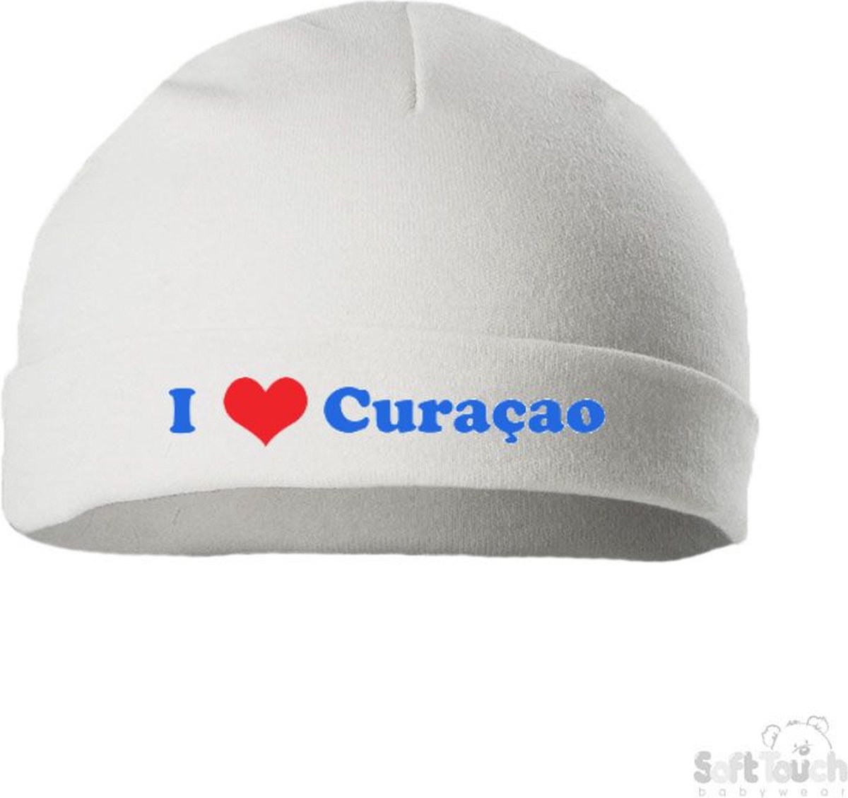 Image of 100% katoenen Rolmutsje "Curacao" Unisex Katoen Wit/blauw/geel Maat 56/62