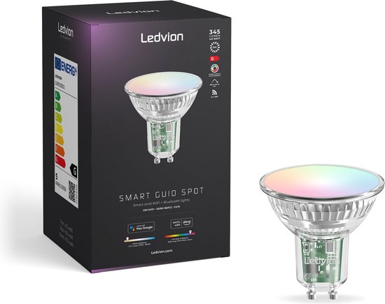 Ledvion Set van 4 Smart RGB+CCT GU10 LED Spot, Wifi-verlichting, Wifi-licht, dimbaar, 5W, 345 Lumen, compatibel met o.a. Alexa en Google Home