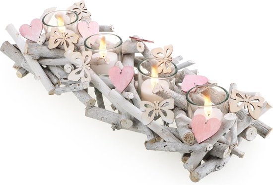 Bougeoir en bois - photophore avec papillons et cœurs - bol lumineux en bois - assiette à bougie moderne comme décoration de table - lanterne décorative (bougeoir blanc)