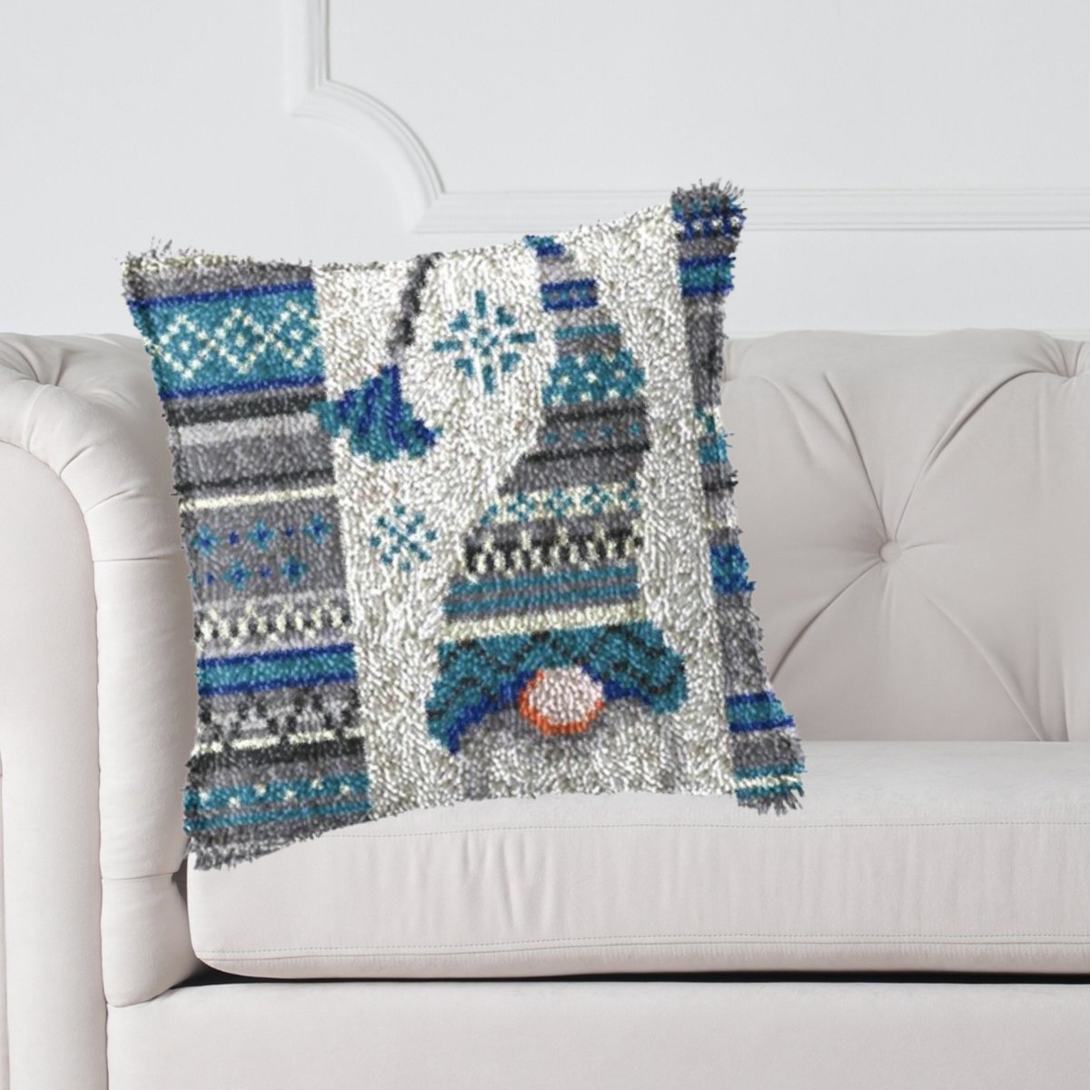 Knoop je eigen kussen gnome blauw, 43 x 43 cm, Diy kit, Latch hook set, Smyrna